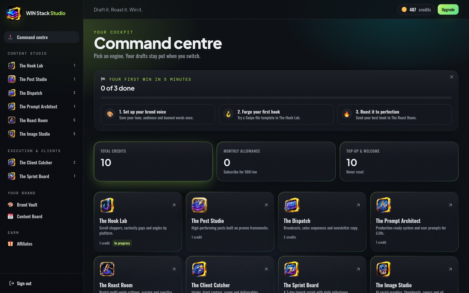 The WIN Stack Studio command centre with all eight engines and the first-win quest
